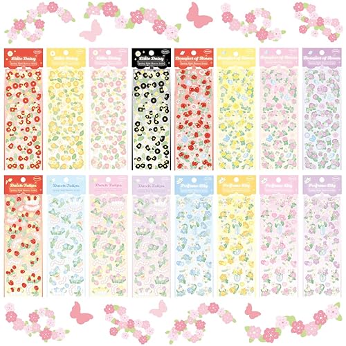 SIBLYMONA Korean Deco Stickers Set, 16 Sheets 550Pcs Colorful Glitter Stickers with Ribbon Flower Style, Kpop Potocard Stickers Cute Deco Stickers for Scrapbook Card DIY Decor Craft (SpringFlower-16P) - SpringFlower-16P