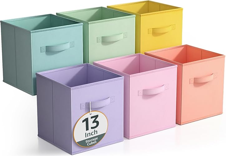 Sorbus Fabric Storage Cubes - 6 Foldable Storage Bins for Organizing Pantry, Cubbies, Toy Box - Clothes Storage & Closet Organizer - 13 Inch Collapsible Cube Baskets for Shelves with Handle - Pastel Multi-Color - 13 Inch