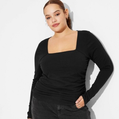 Women's Long Sleeve Ruched Square Neck Top - Wild Fable™ Black 3X