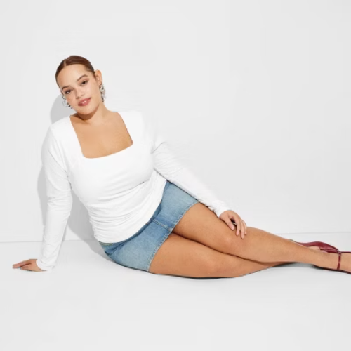 Women's Long Sleeve Ruched Square Neck Top - Wild Fable™ White 3X