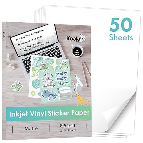 Koala Printable Vinyl Sticker Paper for Inkjet Printer - 50 Sheets Matte White Vinyl Sticker Paper, Waterproof Sticker Paper 8.5x11 Inch, Work with Cutting Machine - 50