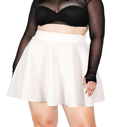 Moon Wood Women's Plus Size Mini Skater Skirt- Basic Versatile High Waisted Flared Casual Stretchy Skirts - White - 4X-Large Plus