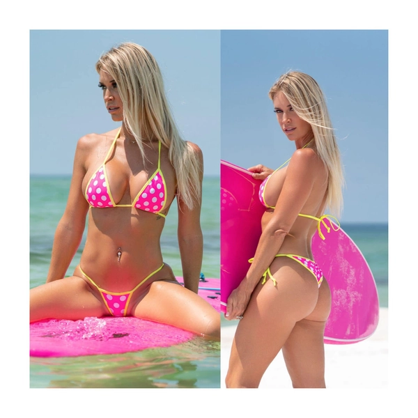 Scrunch Butt Three Piece - Neon Pink with White Polka Dots - Neon Yellow (Thong Included)