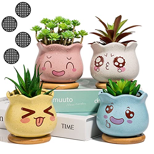 Yangbaga 3.5inch Succulent Pots, Ceramic Succulent Planter and Cactus Pot with Bamboo Tray with Little Drain Plates and Drainage Hole for Home and Office Decoration, 4pcs Flower Pot Hole Mesh Pad - 3.5