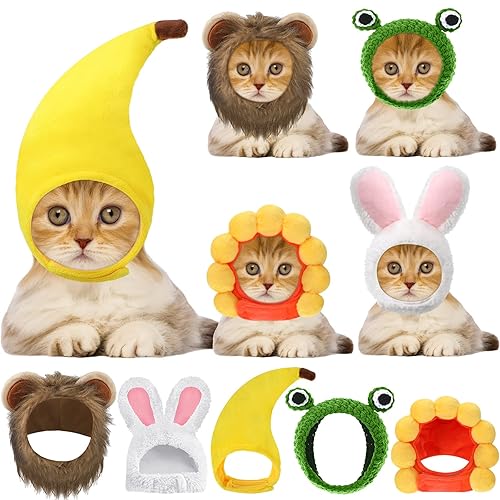 Weewooday 5 Pcs Cat Adorable Costume Bunny Hat with Ears Funny Mane Cat Hat for Pets and Small Dogs Kitten Puppy Party Costume Accessory Headwear(Lion, Frog, Rabbit, Sunflower, Banana) - Lion, Frog, Rabbit, Sunflower, Banana