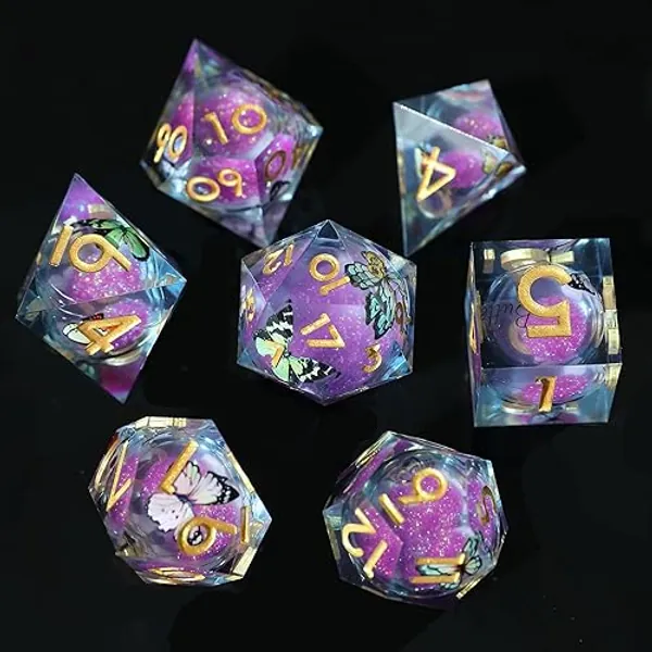 Liquid Core DND Dice Set 7pcs, Resin Sharp Edged Polyhedral Dice for Dungeons and Dragons, Handmade RPG D20 D12 D10 D8 D6 D4 Dice, Butterfly Themed D&D Dice Role Playing Dice - Butterfly Purple