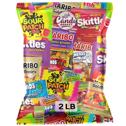 Assorted Bulk Candy Mix -Skittles, Air Heads, Swedish Fish, Sour Patch Kids, Haribo, Starburst, Jolly Rancher - Individually Wrapped Candy - By Candy Market (2 LB)