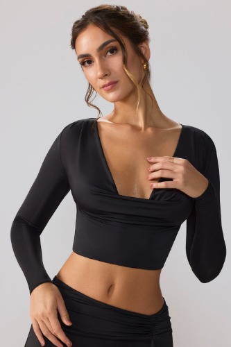 Slinky Jersey Plunge Neck Long Sleeve Crop Top Top in Black | 4