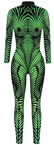 FEOYA Women Halloween Skeleton Bodysuit 3D Print Jumpsuit Costume Long Sleeve Cosplay Catsuit - Medium - Green-1