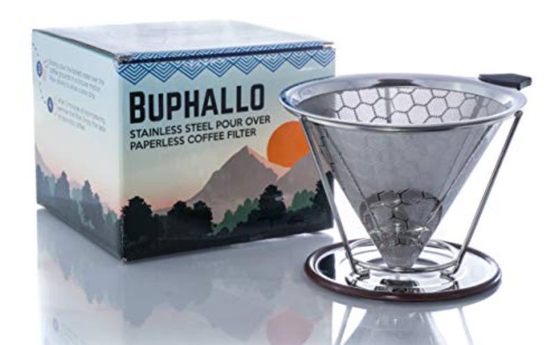 Buphallo Stainless Steel Pour Over Cone Coffee Dripper – Reusable Permanent Paperless Filter with Removable Stand