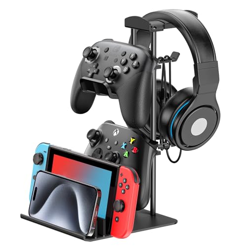 KDD Headphone Stand, Game Controller Holder & Headset Holder for Desk, Earphone Stand with Aluminum Supporting Bar, Universal Storage Organizer Headphones/Controller/Switch/iPad/Mobile Phone - Black