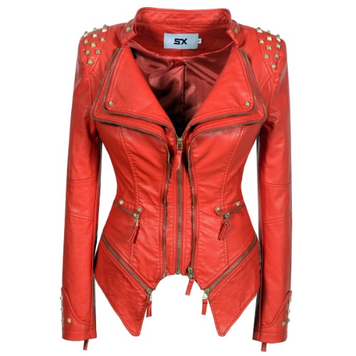 LFSS Women's classic Lapel dovetail rivet leather jacket casual personality fashion sexy punk Motorcycle Jacket - 3X-Large Red