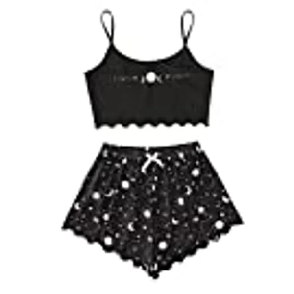 WDIRARA Women's Sleepwear Cute Print Lettuce Trim Cami and Shorts Pajama Set