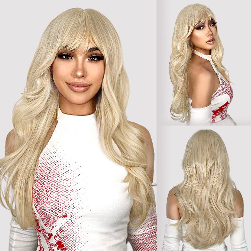 Long Blonde Wigs with Bangs Blonde Wigs for Women Layered Synthetic Hair Wig Heat Resistant Wig for Daily Party Use (24inch) - Brown