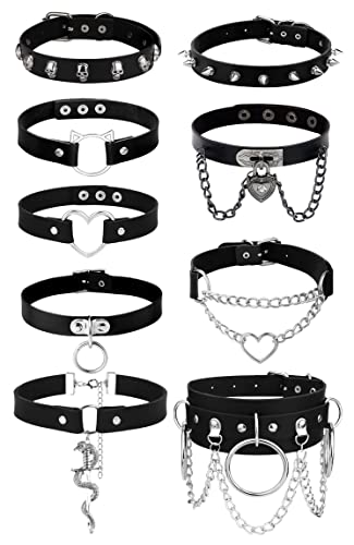 HAIAISO 6-9Pcs Leather Choker Black Punk Goth Choker Necklace Love Heart Spiked Choker Adjustable Pu Choker Collar for Women Girls - 9Pcs