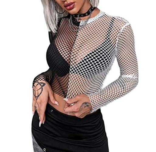 SheIn Women's Fishnet Long Sleeve Crop Top Sheer Crewneck T Shirt Slim Fit Tee Clubwear - Medium - Black White