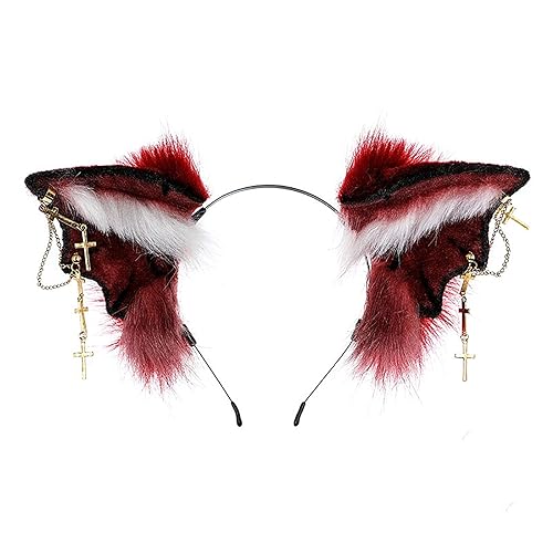 Faylay Dog Ear Women Faux Fur Headband Cosplay Headwear Animal Ears - Wine Red