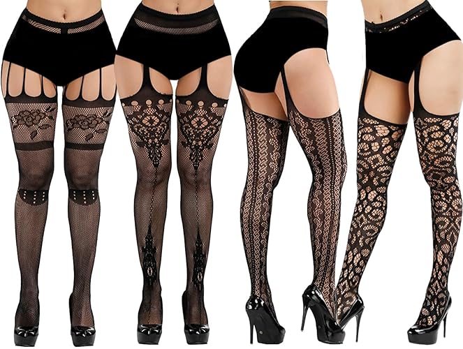 iCamter Plus Size Fishnet Stockings, Black Fishnet Tights Thigh High Stockings Suspender Pantyhose - One Size - Black Style 3 (4 Pack)