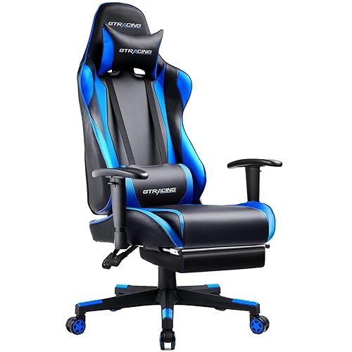 GTRACING Gaming Chair with Footrest, Ergonomic Computer Game Desk Chair, Reclining Gamer Chair Seat Height Adjustment, Swivel Rocker with Headrest and Lumbar (Navy Blue) - Navy Blue With F