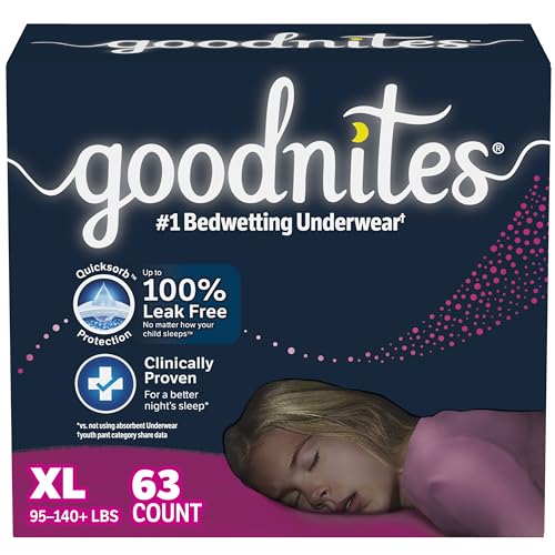 Goodnites Girls' Nighttime Bedwetting Underwear, Size Extra Large (95-140+ lbs), 63 Ct (3 Packs of 21), Packaging May Vary - X-Large - 63