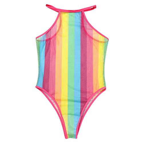 ABAFIP Women Rave Rainbow Striped Fishnet Bikini Cover up Sleeveless Halter Bodysuit Beachwear Swimsuit - Small - Pink