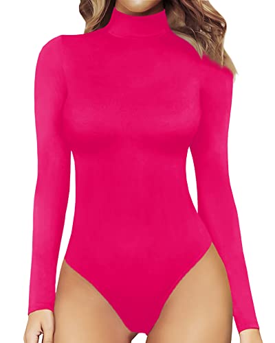 MANGOPOP Women's Mock Turtle Neck Long Sleeve Tops Bodysuit Jumpsuit - Bodysuit Long Sleeve - Small - Long Sleeve Rose Pink
