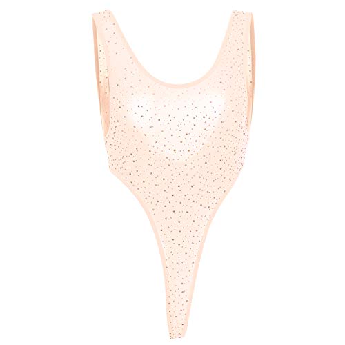 IBAKOM Women Sheer Mesh Bodysuit Sparkle Rhinestone High Cut Teddy Fishnet Thong Leotard Top Stage Outfits Clubwear - One Size Beige