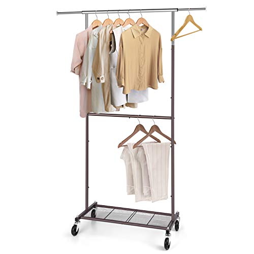 Simple Trending Standard Clothing Garment Rack, Rolling Clothes Organizer with Wheels and Bottom Shelves, Extendable, Bronze - Bronze