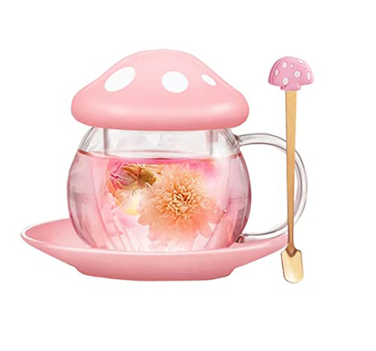 Rain House Cute Mushroom Glass Tea Cup with Infuser and Spoon, Clear Kawaii Teapot with Strainer Filter, Ceramic Lid and Coaster, Heat-Resistant for Home and Office Use, 290ML/9.6oz (Pink) - Pink