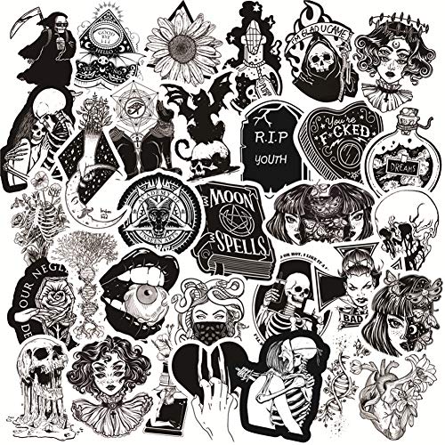 50PCS Gothic Stickers for Water Bottle,Black White Skull Stickers,Waterproof Vinyl Stickers Perfect for Laptop Phone Car Skateboard
