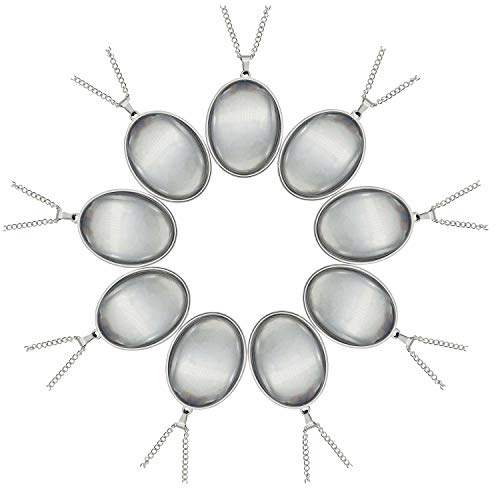 Julie Wang 10 Sets Stainless Steel Bezel Tray Blank Pendant with Glass Cabochons and Chain for Resin Photo Jewelry Necklace Making Oval 40x30mm
