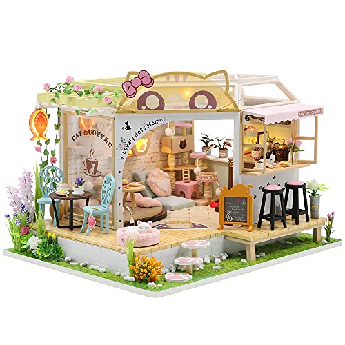 CUTEBEE Dollhouse Miniature with Furniture, DIY Wooden Dollhouse Kit Plus Dust Proof, Creative Room Idea(Cat Coffee Garden) - Cat Coffee Garden
