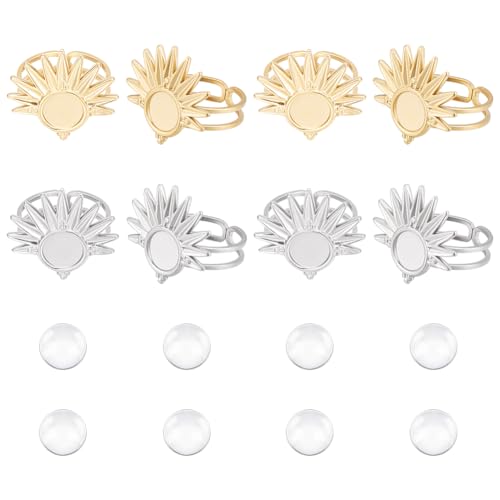 UNICRAFTALE About 8pcs Sun Open Cuff Finger Ring 2 Colors Open Blank Ring Tray with Glass Cabochons Metal Base Bezel Pad Cabochon Ring Settings for Jewelry Making - Golden and Stainless Steel Color