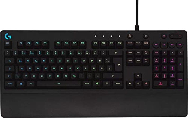 Logitech G213 Prodigy Gaming-Tastatur, RGB-Beleuchtung, Programmierbare G-Tasten, Multi-Media Bedienelemente, Integrierte Handballenauflage, Spritzwassergeschützt, Deutsches QWERTZ-Layout - Schwarz - Tastatur