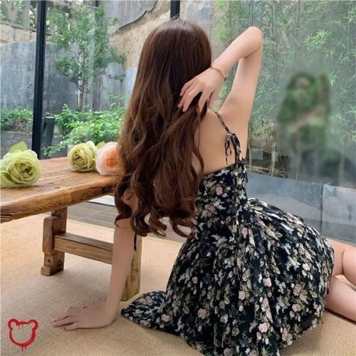 Kawaii Floral Slip Dress - black / M