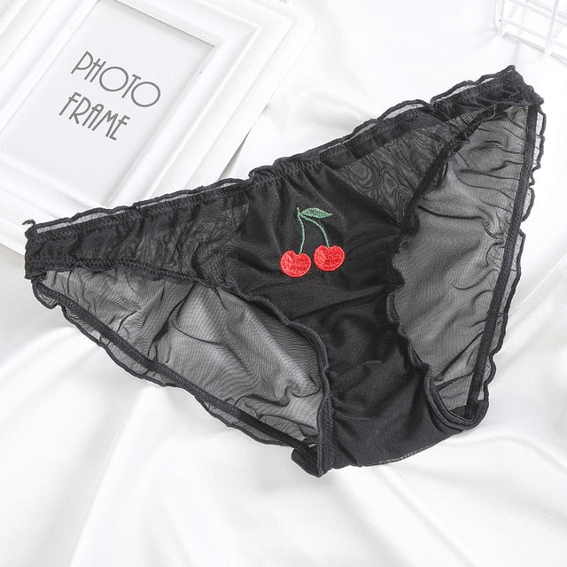 Cherry Embroidered Black Panties - Black / M / 1pc