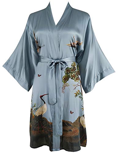 Ledamon Bata corta tipo kimono 100 % seda para mujer - Gris azul