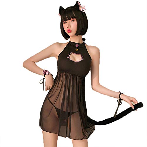 JasmyGirls Lencería sexy de gato para cosplay, Halloween, Kawaii, anime, gatito, con agujero de cerradura, lindo traje de sirvienta, ropa interior japonesa Lolita - Negro