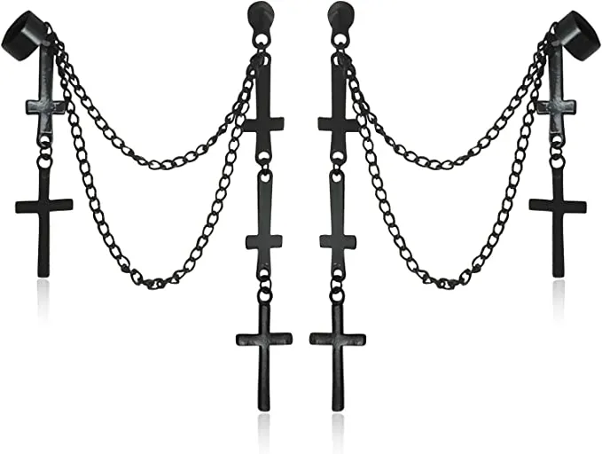 Amazon.com: ANDPAI Personalized Multi Layered Long Stainless Steel Cross Chain Dangle Earring Threader Tassel Ear Cuff Black Punk Drop Earring for Women Men Girls Statement Jewelry Gifts (Black): Clothing, Shoes & Jewelry