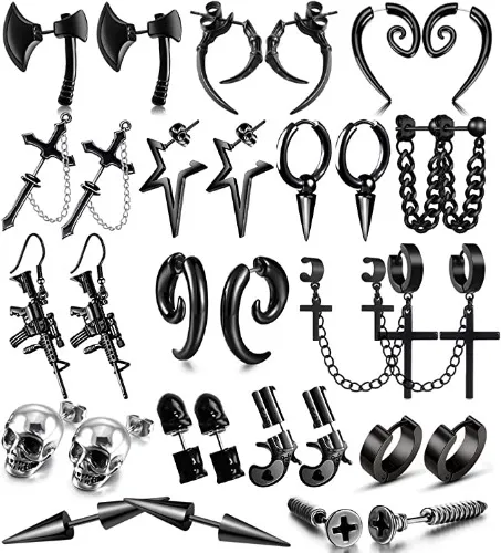 Amazon.com: 16 Pairs Stainless Steel Punk Y2K Black Dangle Earrings for Men, Axe Skull Screw Cone etc Huggie Hoop Long Chain Piercing Hoop Earrings Set for Unisex Earrings for Women: Clothing, Shoes & Jewelry