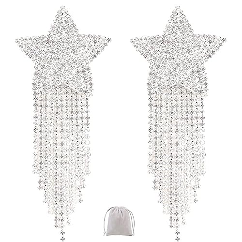 Shiny Rhinestone Nipple Cover Reusable Sparkly Star Pasties Breast Petal Sticker with Crystal Tassel - Silver