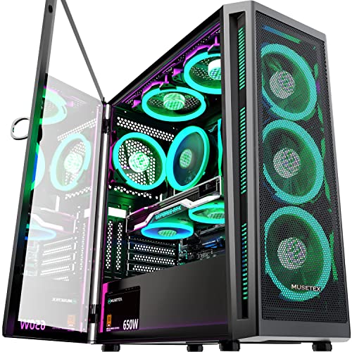 MUSETEX ATX PC Case Pre-Install 6 PWM ARGB Fans, Mid Tower Gaming Case with Opening Tempered Glass Side Panel Door, Mesh Computer Case, TW8 - TW8 CASE