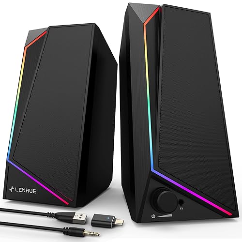 LENRUE Computer Speakers for Desktop Monitor, USB/USB-C Powered PC Speakers with Loud Stereo Sound, Headphone-in for Desktop, iMac, MacBook, Laptop, Monitor - Black