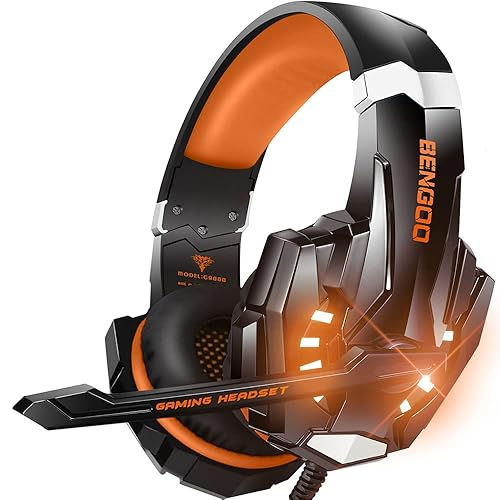 BENGOO G9000 Stereo Gaming Headset for PS4, PC, Xbox One Controller, Noise Cancelling Over Ear Headphones with Mic, LED Light, Bass Surround, Soft Memory Earmuffs (Orange) - Yellow