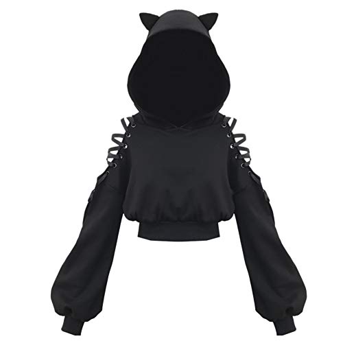 YANOOLH Women Cat Ear Hoodies Long Sleeve Off Shoulder Cute Crop Top Pullover Hoodie Sweatshirt - Small - Black