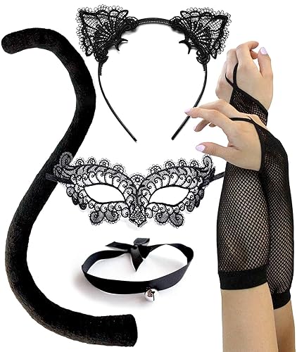 Black Cat Costume for Women, Halloween Masquerade Mask, Lace Ears, Gloves, Tail, Choker Necklace