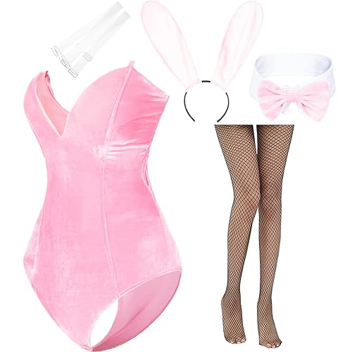AiMiNa Anime Womens Bunny Costume Girl Suit One Piece Bodysuit Halloween Cosplay Catsuit Bunny Headband Stockings Set - XX-Large - Pink