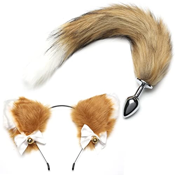 AKStore Fox Tail Anal Butt Plug Sex Toys for SM & Cospaly (Yellow-White + Ear)