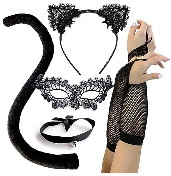 OLYPHAN Black Cat Costume for Women, Halloween Masquerade Mask, Lace Ears, Gloves, Tail, Choker Necklace
