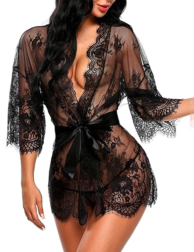 Avidlove Women's Lace Kimono Robe Babydoll Lingerie Mesh Nightgown S-5XL - 1black - X-Large